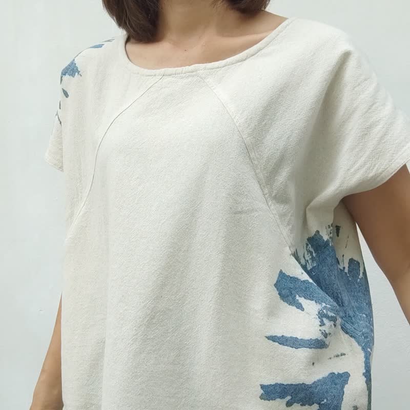 Francine White -  圓領三角接縫紮染上衣 - 女上衣/長袖上衣 - 棉．麻 白色