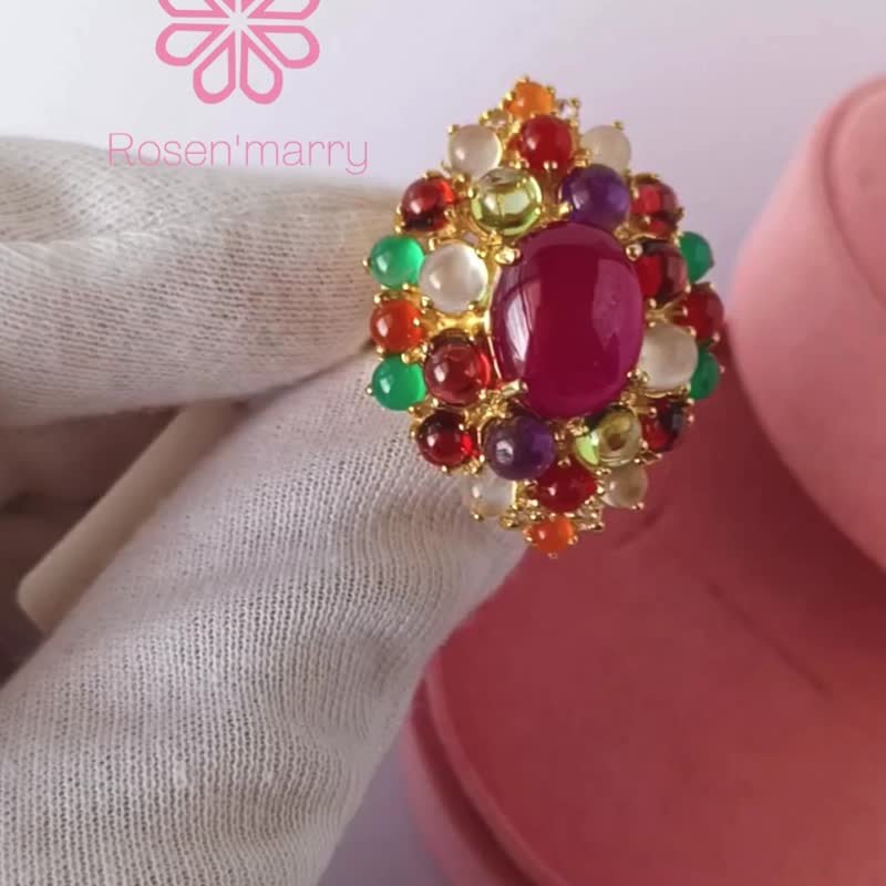 Natural Ruby and muti gems 40 Cts Ring Sterling Silver925 With Gold Plated 6 US. - 戒指 - 純銀 紅色