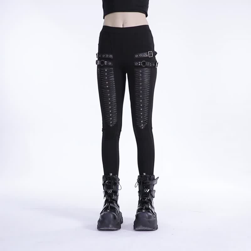 Punk Plains Spirits 3D Pleated Leggings - กางเกงเลกกิ้ง - วัสดุอื่นๆ สีดำ