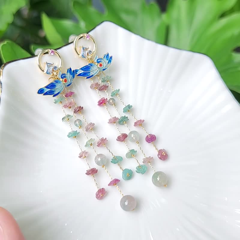 碧璽 藍西瓜 花開富貴 流蘇 喜鵲 琺瑯 招財 富貴 耳環 單品 - 耳環/耳夾/耳骨夾 - 寶石 藍色