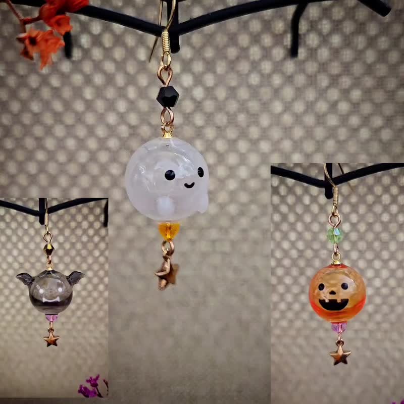 925 Silver Halloween Ghost Pumpkin Bat Earrings Ear Needle Clip-On Cute Gift - ต่างหู - เรซิน ขาว