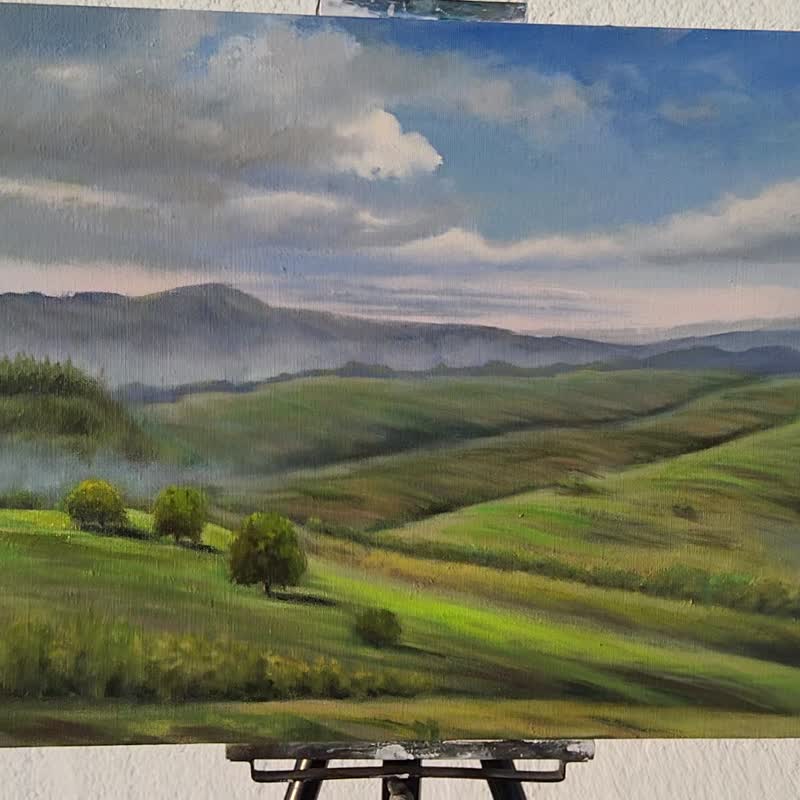 Tuscan Fieldes Painting Landscape Original Art Tuscan Countryside Scene Artwork - 壁貼/牆壁裝飾 - 亞麻 
