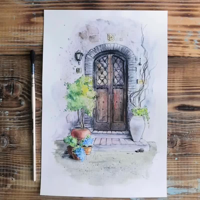 Original Watercolor Door Sketch Painting Architecture Home Wall Art
