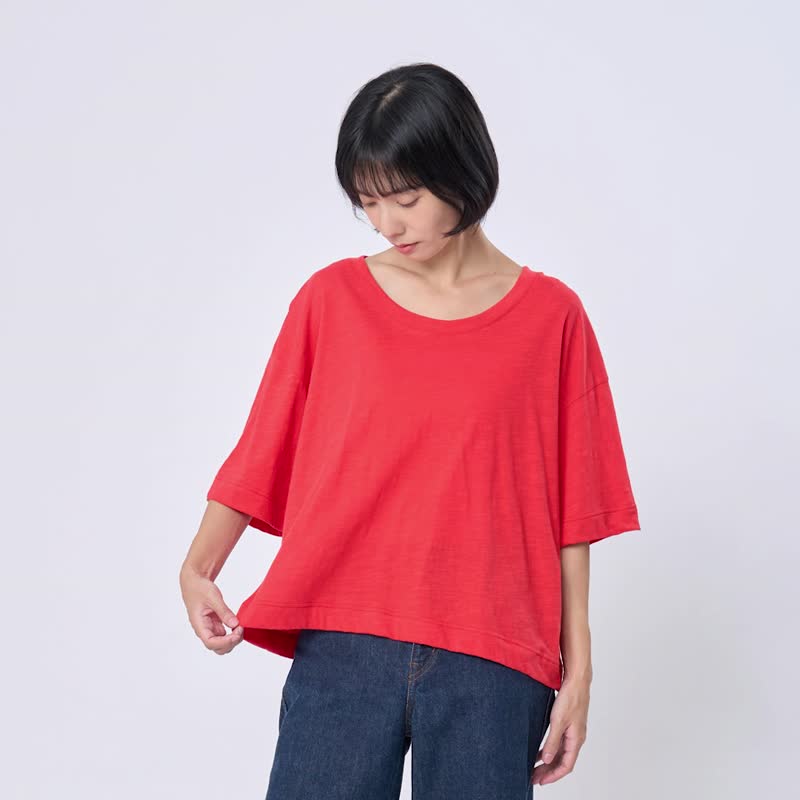 竹節棉夏季寬版落肩上衣T恤 (兩色) - 女 T 恤 - 尼龍 紅色