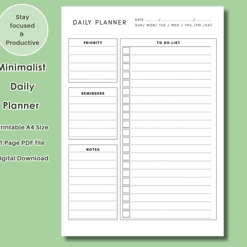 Minimalist A4 Printable Daily Planner PDF To Do List Priorities Reminders Notes - 其他數位商品 - 其他材質 
