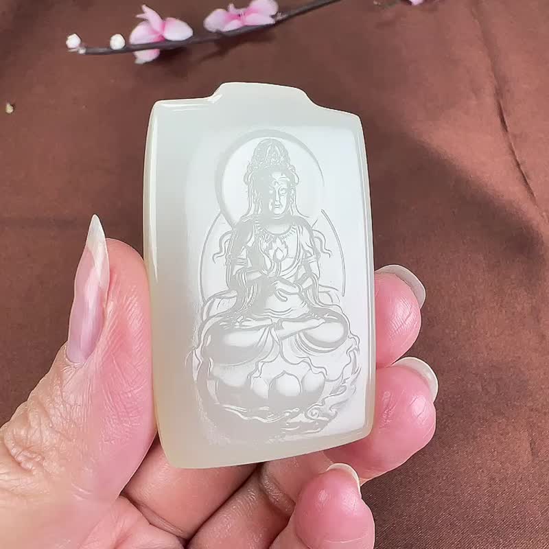 天然新疆和田玉羊脂玉籽料觀音吊墜玉質細膩溫潤色澤柔和匠 - 吊飾/掛飾 - 玉石 