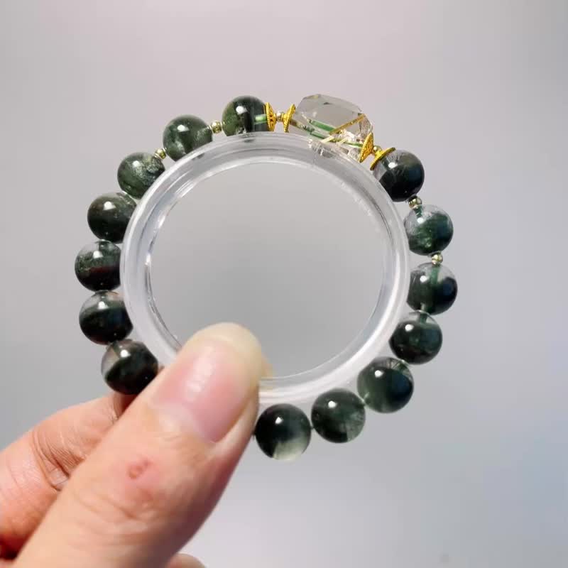 天然礦石 正品綠幽靈 9.6 mm 鈦晶 925純銀 手鍊 - 手鍊/手環 - 寶石 綠色