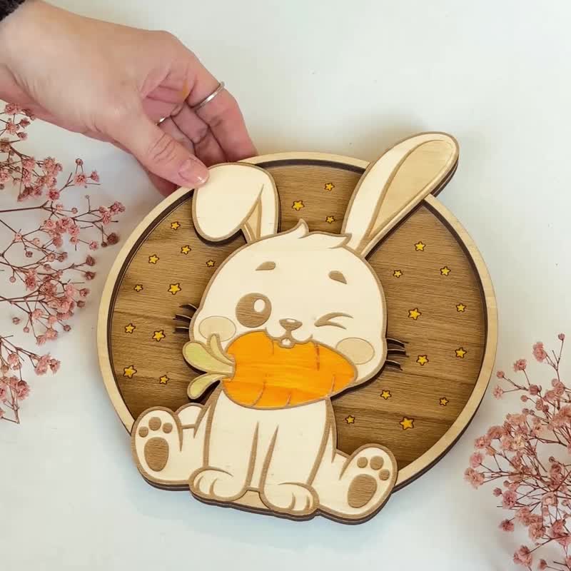 動物 木製ベビーデコレーション – ウサギ 手描き 木製 ベビー部屋 デコレーション - キッズ家具 - 木製 