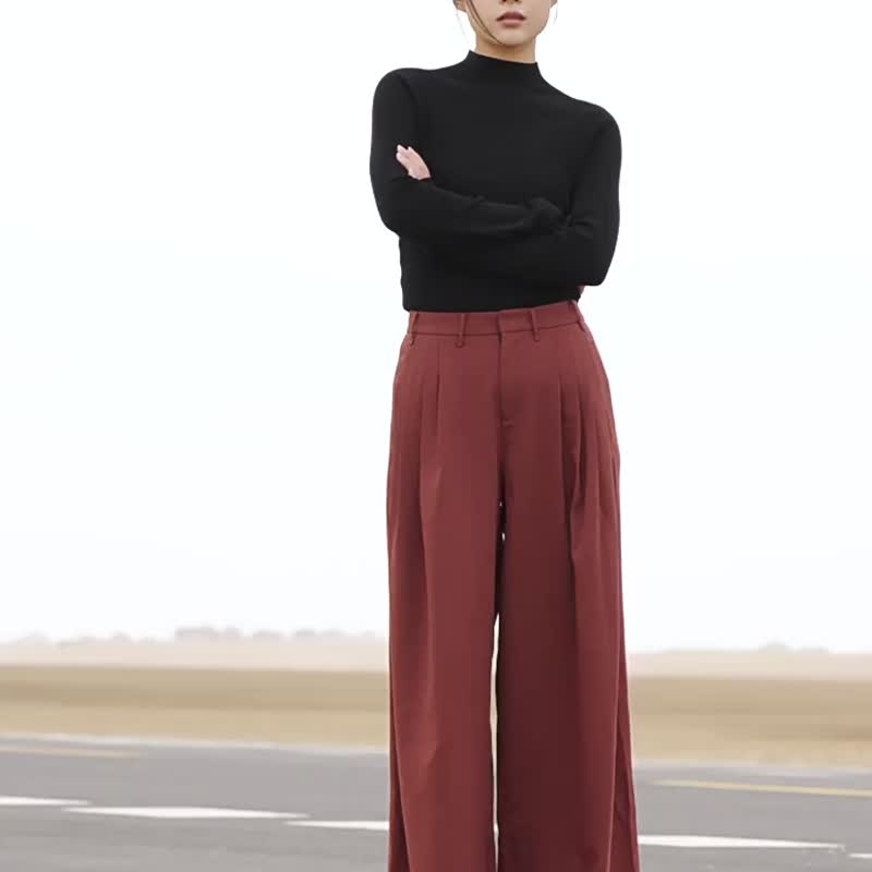 Nirvana red/blue gray autumn and winter drapey casual loose trousers multi-pleated straight wide-leg wide trousers to show leg length - กางเกงขายาว - ไฟเบอร์อื่นๆ สีน้ำเงิน