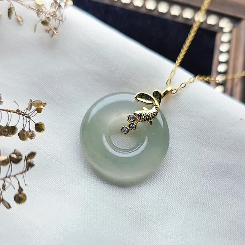 招財•圓滿•平安•同心|高冰晴甜甜圈|緬甸A貨翡翠純銀鯉魚吊墜 - 項鍊 - 玉石 