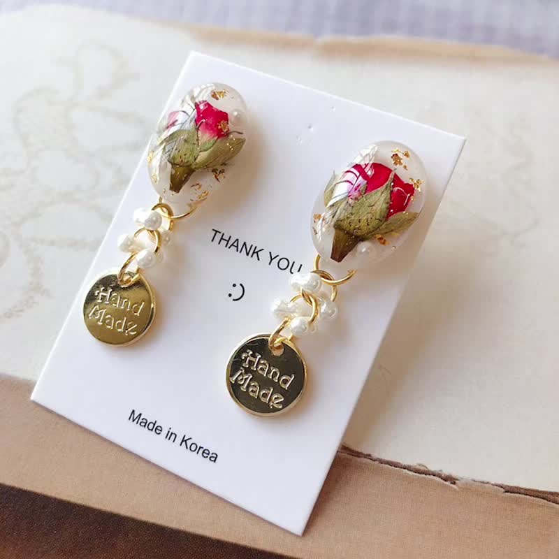 【茜作 / Xi Zuo 】 Handmade customized dry flower earrings, earrings, and ear clips - ต่างหู - พืช/ดอกไม้ สีแดง