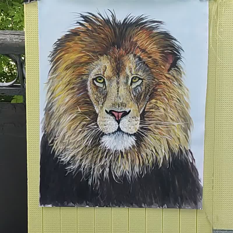 Lion Original Oil Painting Lion Art Lion wall art. Animal canvas painting King - Wall Décor - Other Materials Green