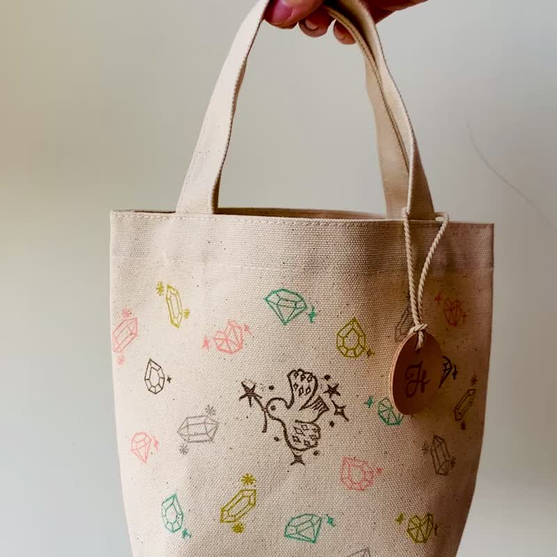 Happy Frequency/Crystal/Diamond/Bird/Tote Bag/Lunch Bag+Original Design+Handmade Engraving - Handbags & Totes - Cotton & Hemp Pink