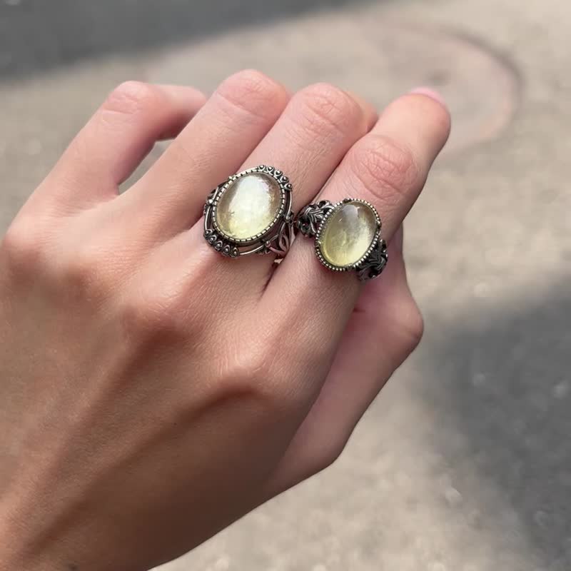 Xiyingyao 925 Silver yellow mica lepidolite mica live ring retro ethnic style for men and women - แหวนทั่วไป - คริสตัล สีเงิน