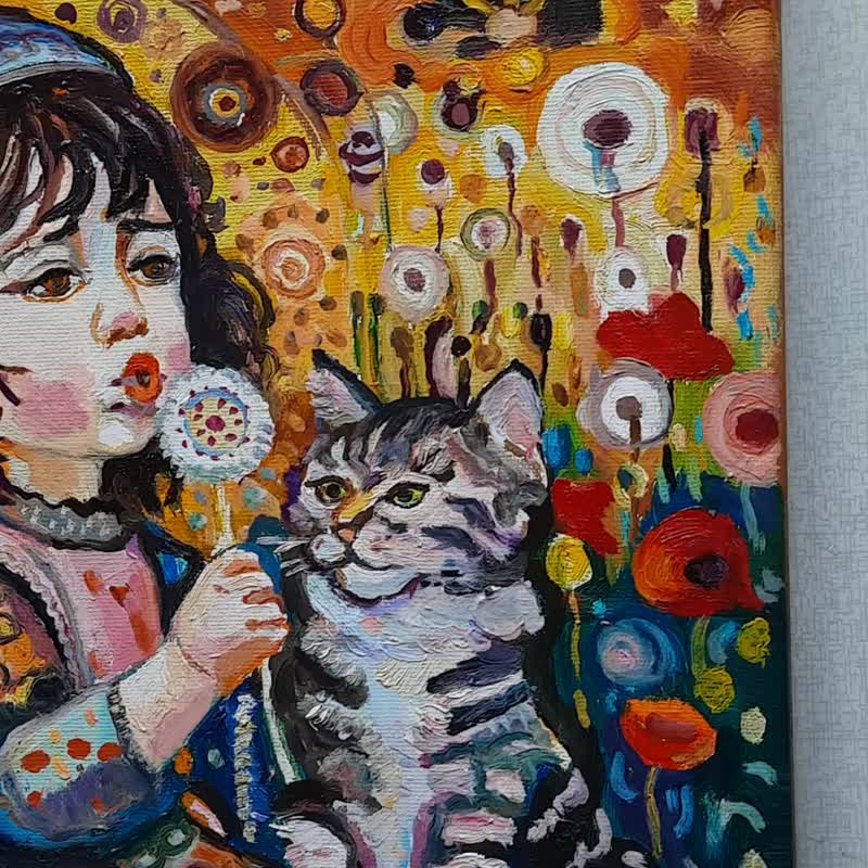 原創畫 猫と子供 絵画 オリジナルアート 油絵 キャンバスに油彩