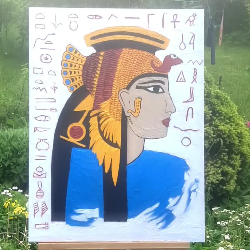 Original painting, Cleopatra, Ancient Egypt, yellow, blue, white colors - 壁貼/牆壁裝飾 - 壓克力 多色