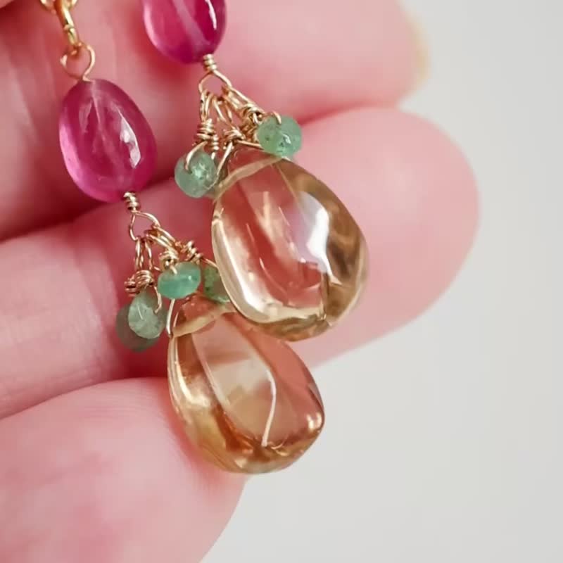 Ruby, Citrine, Emerald, Clip-On Earring Charms - ต่างหู - หิน สีแดง