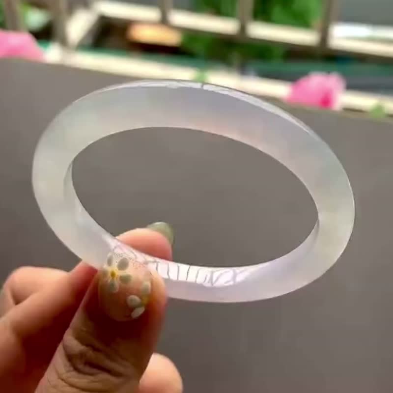 冰種翡翠天然翡翠玉鐲A玉手鐲 玉鈪 • 冰種淡紫熒光翡翠貴妃鐲 - 手鍊/手環 - 玉石 紫色