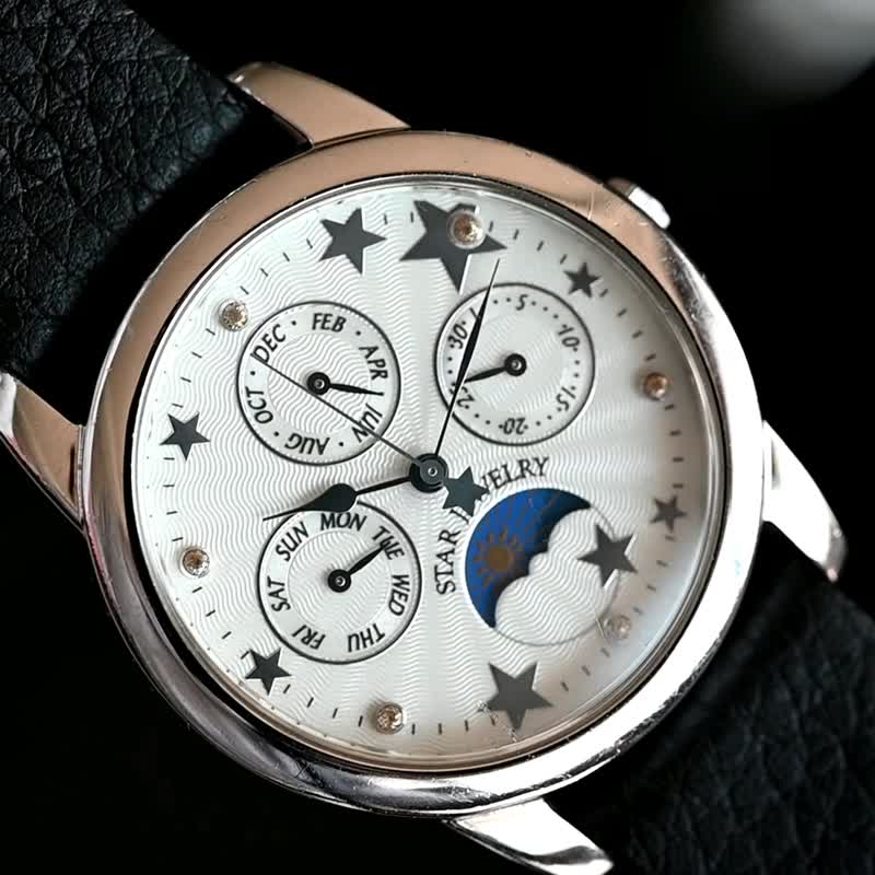 STAR JEWELRY スターリング シルバー 925 ケース 33mm ユニセックス メンズ クォーツ トリプルカレンダー 腕時計 手錶 - 男錶/中性錶 - 純銀 白色