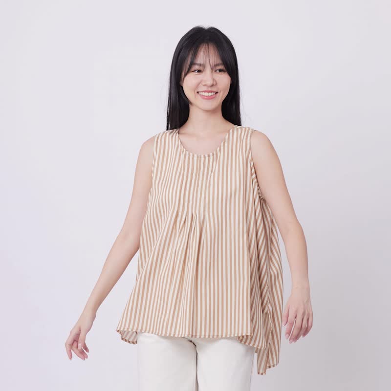 Coco sleeveless gathering A line hem Top / White and Camel Stripe - Women's Vests - Cotton & Hemp Khaki