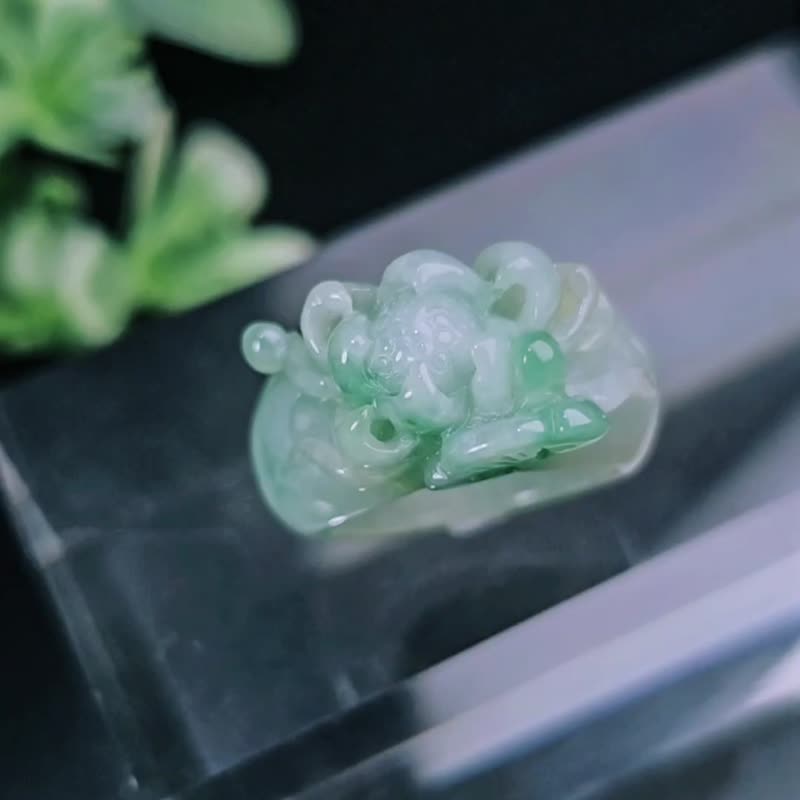 ラッキー|3D ファイン アイスブルーワイド リング|ミャンマー A グレード 翡翠 リング #14 - リング・指輪 - 翡翠 