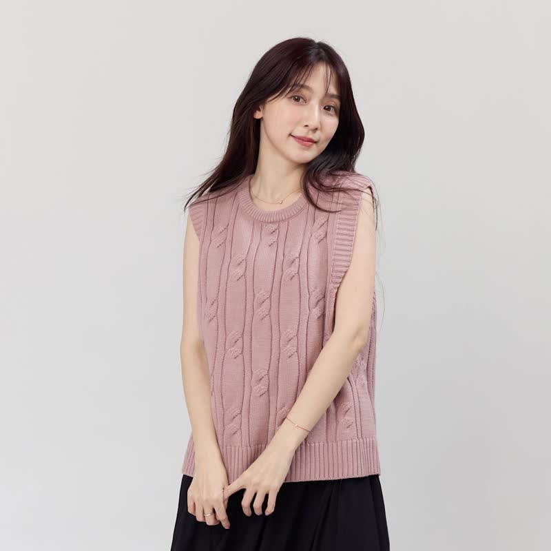 Joyce 圓領麻花針織背心/玫粉 - 女毛衣/針織衫 - 其他材質 粉紅色