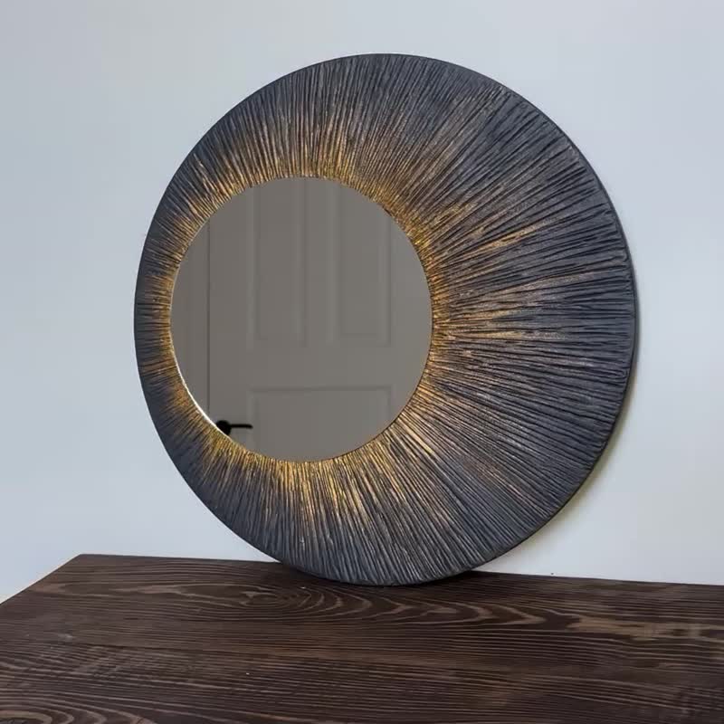 Hanging roung Glow mirror, original mirror for home, wall mirror - 壁貼/牆壁裝飾 - 木頭 黑色