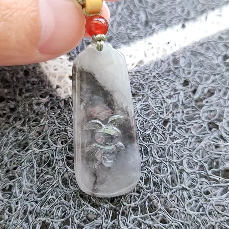 親翠 天然翡翠 冰飄烏雞漂亮奔跑兔牌無事牌調整式繩鏈 生肖 - 項鍊 - 玉石 黑色