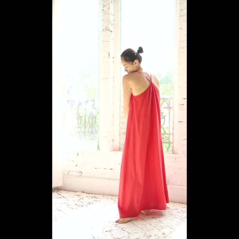 OMAKE Y背細肩帶長洋裝 紅 - 洋裝/連身裙 - 棉．麻 紅色
