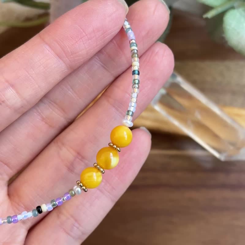 波羅的海 琥珀圓珠 民族風 玻璃米珠x天然石 珠珠鎖骨鏈 - 項鍊 - 水晶 咖啡色