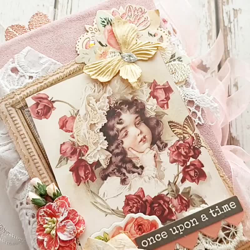 French roses junk journal handmade Elegant garden dairy Lace flowers notebook - สมุดบันทึก/สมุดปฏิทิน - กระดาษ สึชมพู