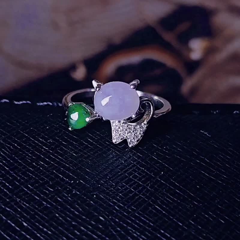 Noble Person•Peach Blossom•Wealth|Ice Purple Lucky Cat|Myanmar A-quality Jadeite Ice Purple Sterling Silver Two-color Egg Ring - General Rings - Jade 