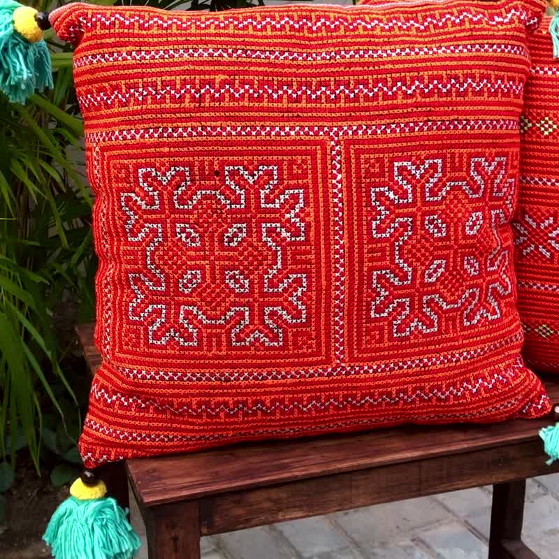One of a Kind Vintage Hmong Embroidered Cushion Cover with Tassels from Thailand - Pillows & Cushions - Cotton & Hemp Orange