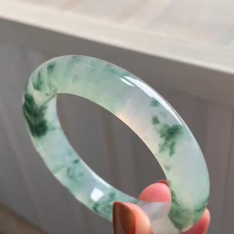 冰種 天然翡翠 緬甸 A玉 玉鐲 • 冰種飄花翡翠福鐲 - 手鍊/手環 - 玉石 綠色