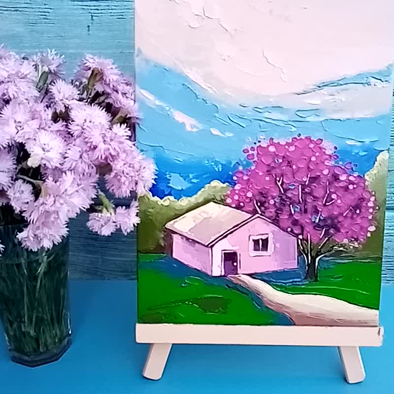 Tree Sakura Painting Old House Original Art Landscape Artwork Small Oil Wall Art - Posters - Other Materials Purple