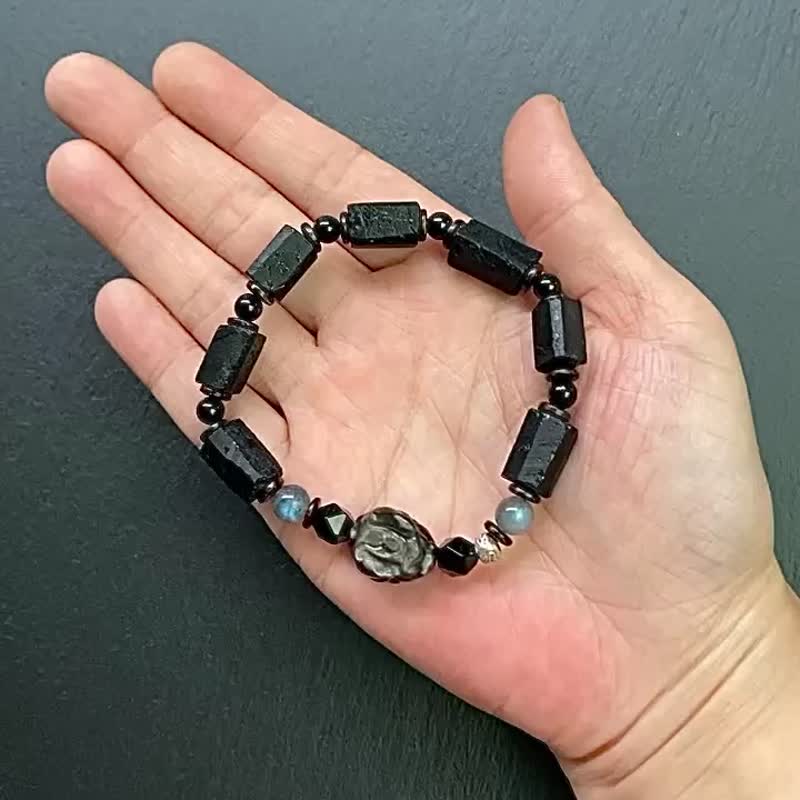 黑碧璽原石x拉長石x黑曜石x黑碧璽圓珠x椰殼x銀曜石龍龜純銀手鍊 - 手鍊/手環 - 水晶 多色