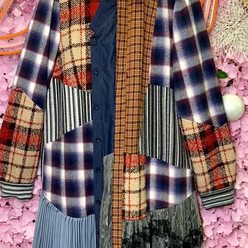 OTT Unique•Unique Japanese contrast denim checkered pleated shirt dress - ชุดเดรส - ขนแกะ หลากหลายสี