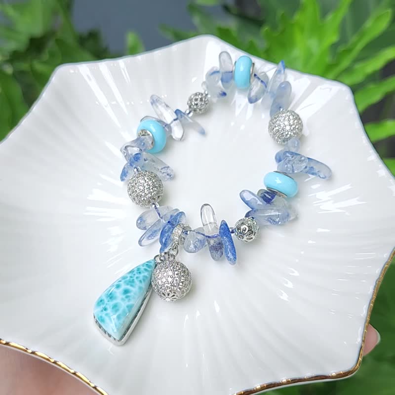 頂級稀有藍線石藍髮晶 拉利瑪海紋石 青花瓷 收藏 手鍊 單品 禮物 - 手鍊/手環 - 寶石 藍色