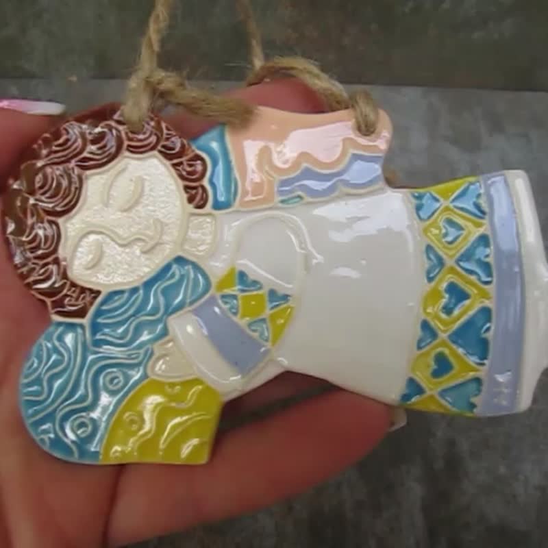 Ceramic Angel with heart wall decoration,christmas tree Angel ornaments,handmade - 壁貼/牆壁裝飾 - 陶 多色
