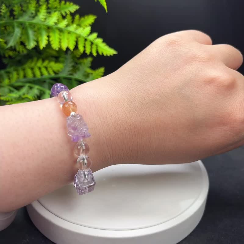 精品多寶水晶手串冰透秀氣吞金獸紫兔毛紫水晶方糖白水晶切面手錬 - 手鍊/手環 - 水晶 
