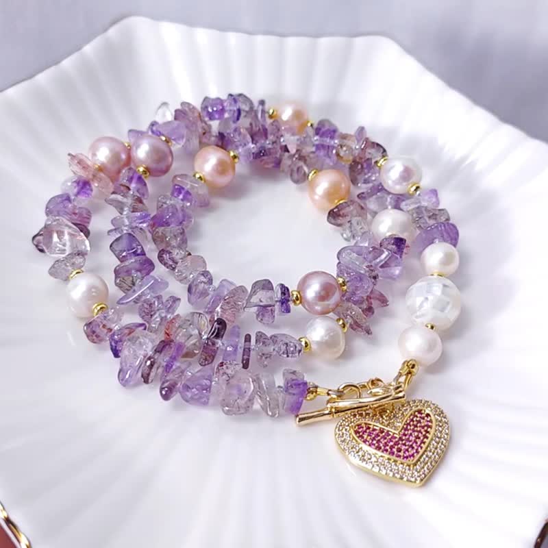 Top-quality super seven crystal clear seven chakras with shape Stone pearl mother-of-pearl 3-turn bracelet necklace for 2 uses - Bracelets - Gemstone Purple