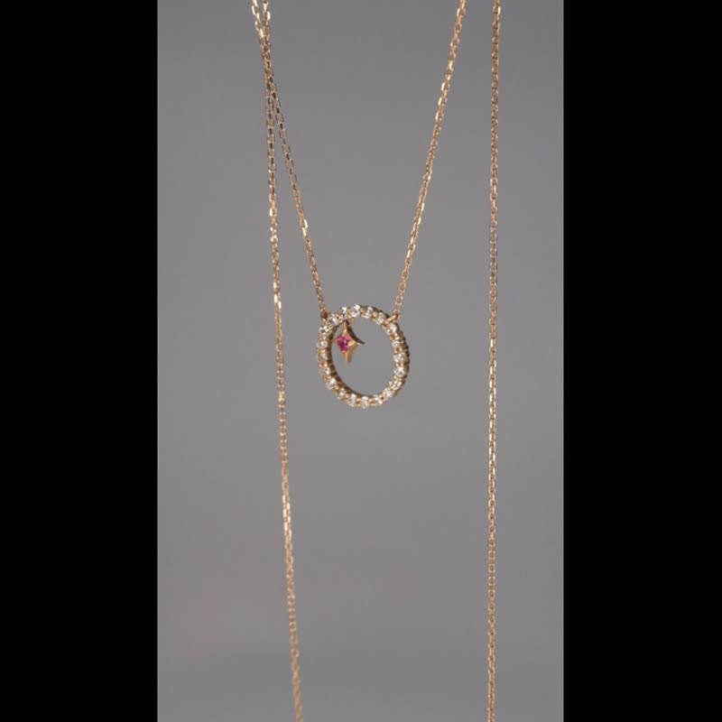 HIWNESS 14K Solid Gold Circular Diamond Necklace with Pink Sapphaire - Necklaces - Diamond White