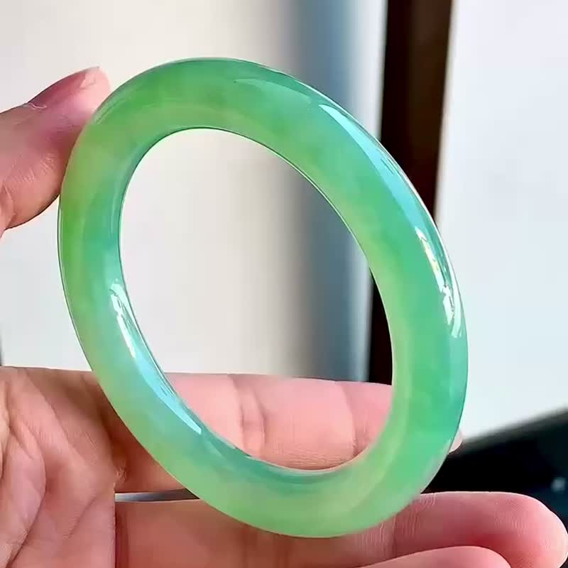 冰種 天然翡翠 緬甸 A玉 玉鐲 • 冰種翠綠翡翠圓鐲 - 手鍊/手環 - 玉石 綠色