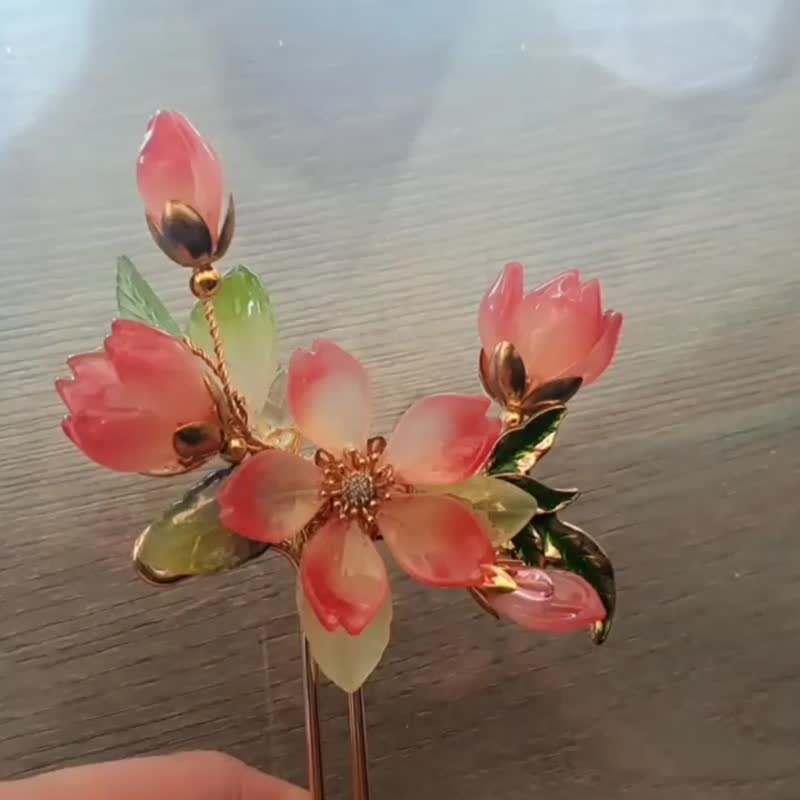 寶石琉璃花系列~【緋紅漸層】櫻花髮釵 - 髮夾/鯊魚夾 - 玻璃 紅色
