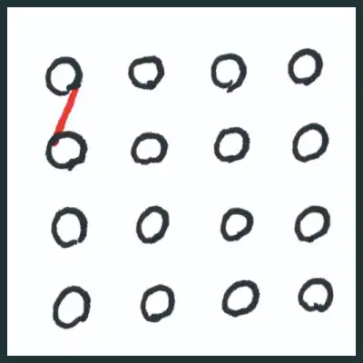 3. 然後等距離在這個圓圈的右邊與下面空白處，再連續畫出橫排與直排共16 個圓。（用目測兩個圓圈大概的距離，不需要用尺量，放輕鬆的畫就好）。