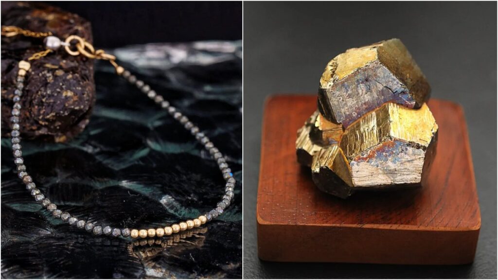 黃鐵礦亦即 Pyrite ，源自希臘文，意思為「火」，相傳古時以硬物敲擊黃鐵礦時會產生火花，故此被稱為「火」之石。