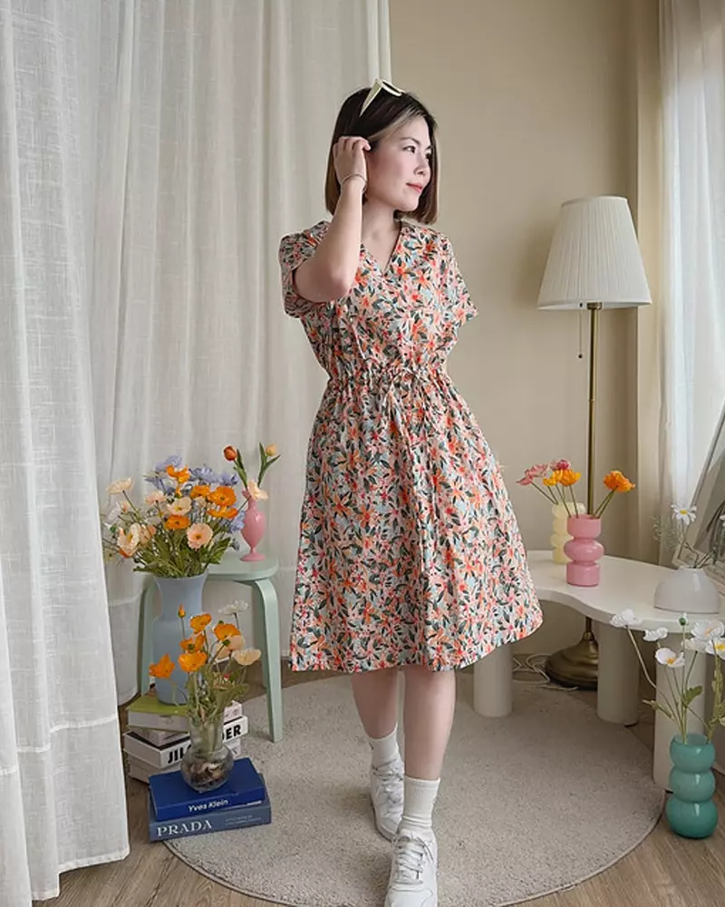 碎花裙穿搭-katji-cozytime-橘色碎花棉質洋裝