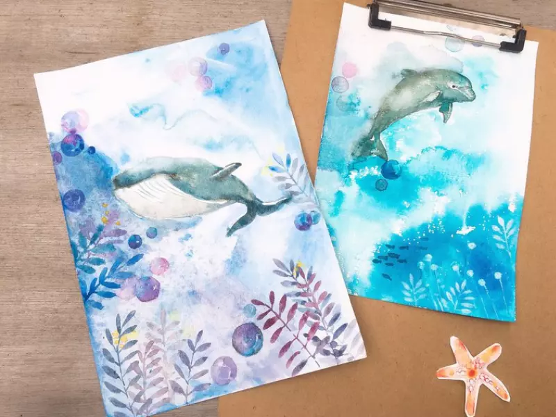 豚鯨魚系列水彩渲染插畫體驗