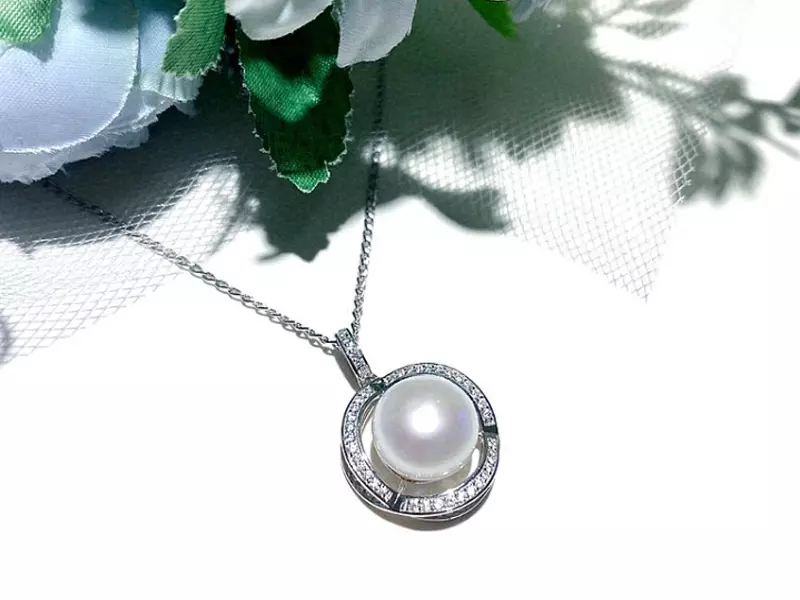 手工純銀立體鋯石鑲邊珍珠項鍊