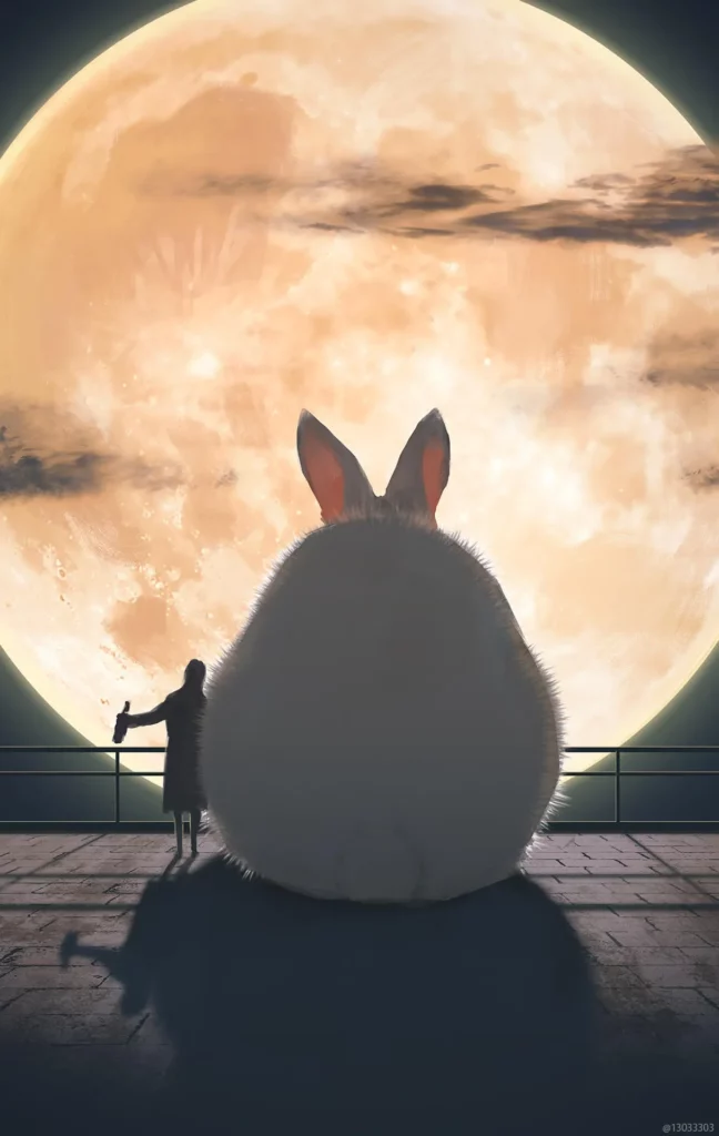 可愛毛茸茸的兔子一起賞月